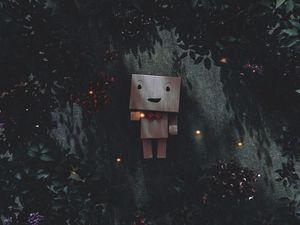 Preview wallpaper danbo, cardboard robot, branches, leaves