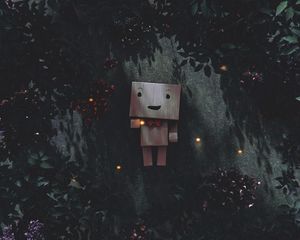 Preview wallpaper danbo, cardboard robot, branches, leaves
