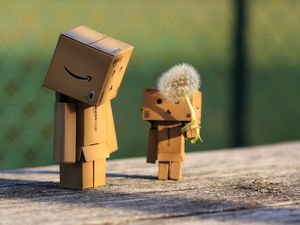 Preview wallpaper danbo, cardboard robot, dandelion