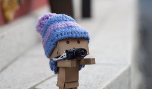 Preview wallpaper danbo, cardboard robot, photographer, camera, blur