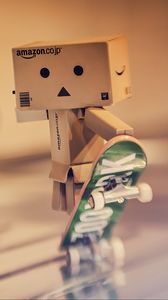 Preview wallpaper danbo, cardboard robot, skateboard, blur