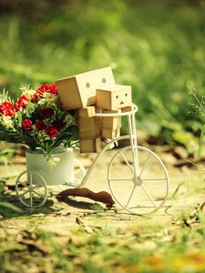 Preview wallpaper danboard, bicycle, cardboard robots, flowers, grass