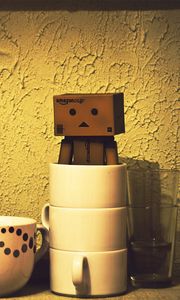 Preview wallpaper danboard, cardboard robot, cup, shadow