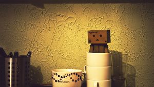 Preview wallpaper danboard, cardboard robot, cup, shadow