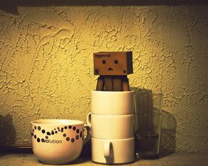 Preview wallpaper danboard, cardboard robot, cup, shadow