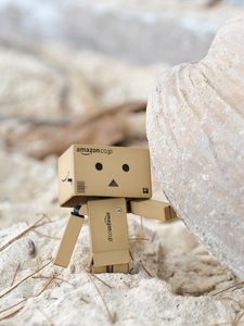 Preview wallpaper danboard, cardboard robot, sand, stone