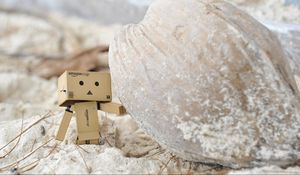 Preview wallpaper danboard, cardboard robot, sand, stone