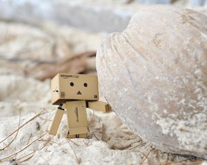 Preview wallpaper danboard, cardboard robot, sand, stone