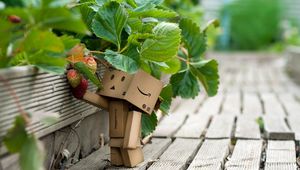 Preview wallpaper danboard, cardboard robot, strawberries, berries, grass, walk