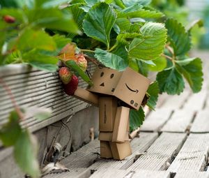 Preview wallpaper danboard, cardboard robot, strawberries, berries, grass, walk