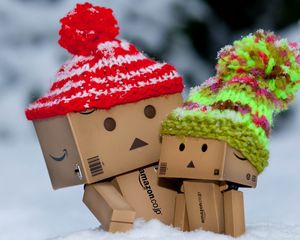 Preview wallpaper danboard, cardboard robots, hats, snow