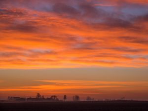 Preview wallpaper dawn, field, fog, landscape, clouds
