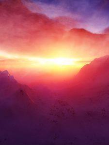 Preview wallpaper dawn, mountains, light, snow