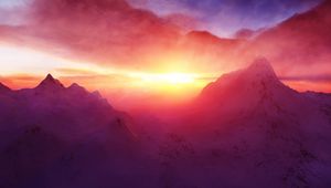 Preview wallpaper dawn, mountains, light, snow