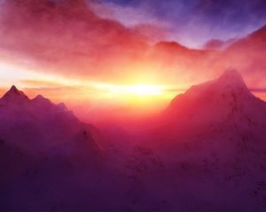 Preview wallpaper dawn, mountains, light, snow