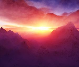 Preview wallpaper dawn, mountains, light, snow