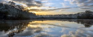 Preview wallpaper dawn, reflection, trees, clouds