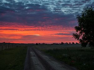 Preview wallpaper dawn, sunrise, horizon, road, clouds, morning, grass, sky