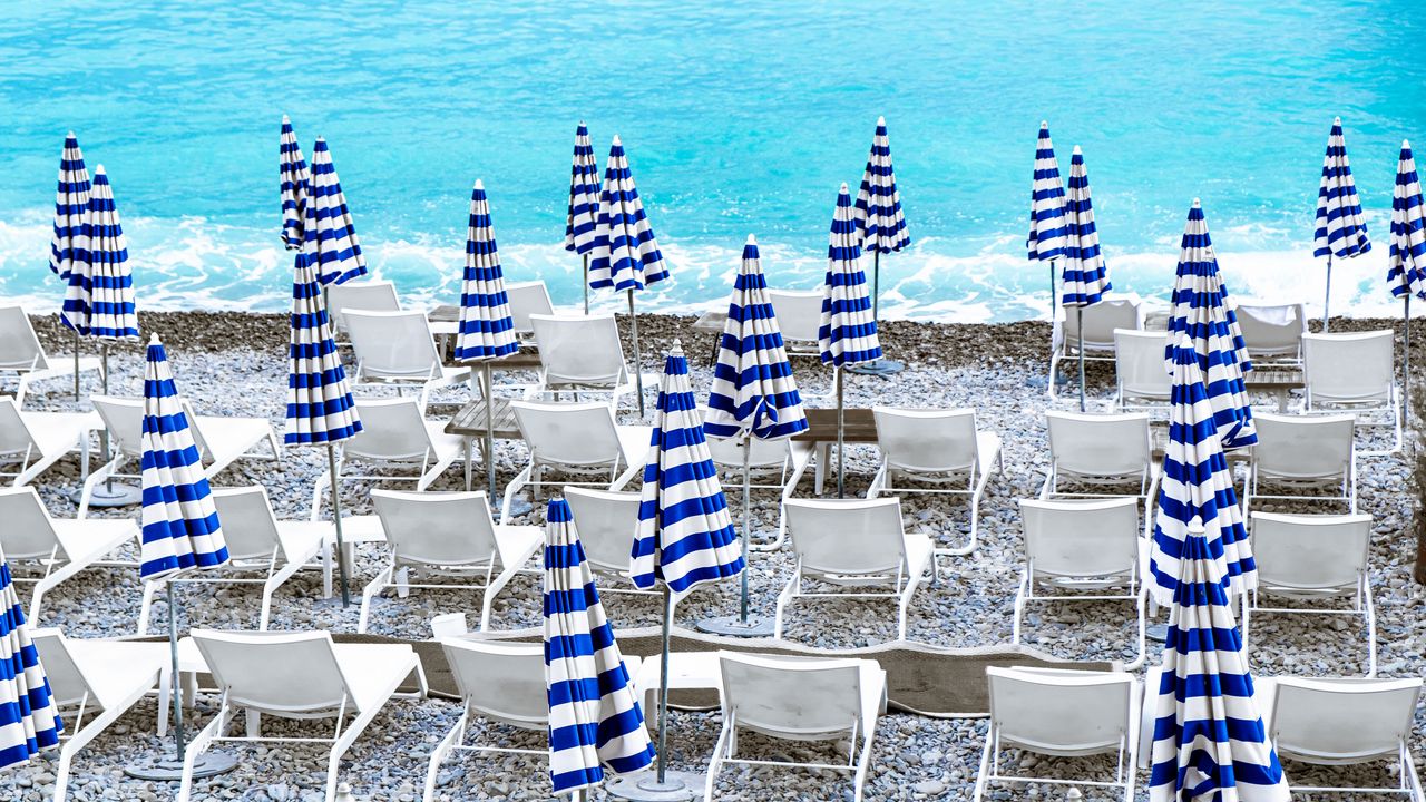 Wallpaper deck chairs, sunbeds, pebbles, sea, beach