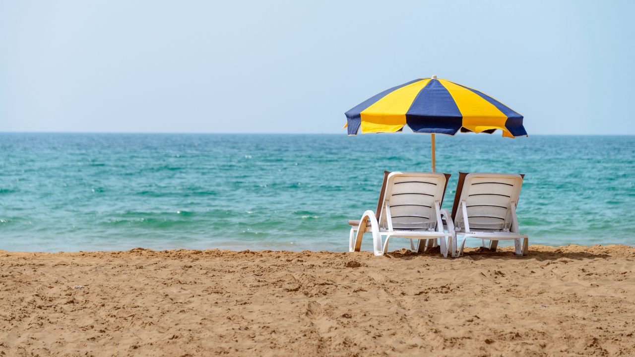 Wallpaper deck chairs, umbrella, beach, sea, summer, vacation