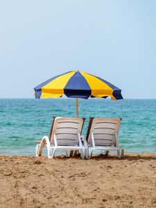 Preview wallpaper deck chairs, umbrella, beach, sea, summer, vacation