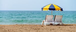 Preview wallpaper deck chairs, umbrella, beach, sea, summer, vacation
