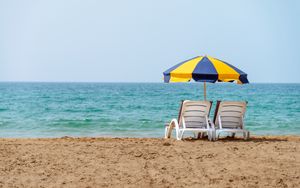 Preview wallpaper deck chairs, umbrella, beach, sea, summer, vacation