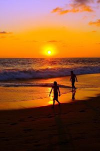 Preview wallpaper decline, beach, people, sand, silhouettes, sea, traces