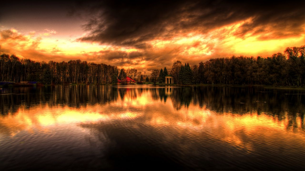 Wallpaper decline, evening, reflection, sky, wood, coast, house