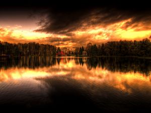 Preview wallpaper decline, evening, reflection, sky, wood, coast, house