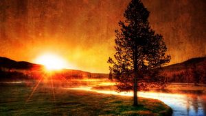 Preview wallpaper decline, evening, river, tree, sun, fog, beams