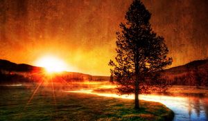 Preview wallpaper decline, evening, river, tree, sun, fog, beams