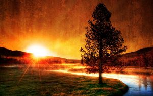 Preview wallpaper decline, evening, river, tree, sun, fog, beams