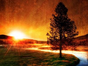 Preview wallpaper decline, evening, river, tree, sun, fog, beams