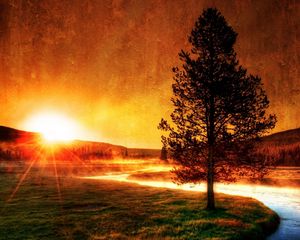 Preview wallpaper decline, evening, river, tree, sun, fog, beams