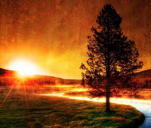 Preview wallpaper decline, evening, river, tree, sun, fog, beams