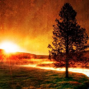 Preview wallpaper decline, evening, river, tree, sun, fog, beams