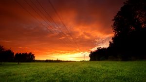 Preview wallpaper decline, evening, sky, field, wires, greens