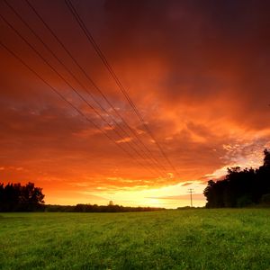 Preview wallpaper decline, evening, sky, field, wires, greens