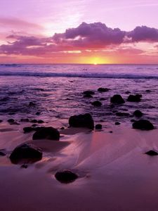 Preview wallpaper decline, hawaii, evening, sea, sand, stones