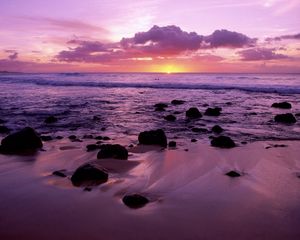 Preview wallpaper decline, hawaii, evening, sea, sand, stones