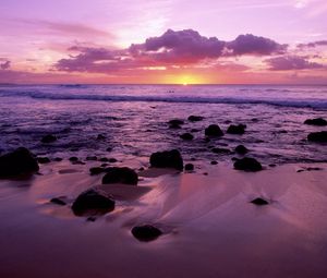 Preview wallpaper decline, hawaii, evening, sea, sand, stones
