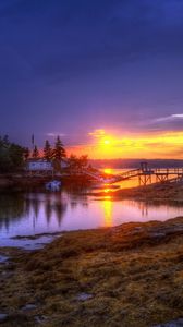 Preview wallpaper decline, lake, coast, stony, bridge, colors, boats, evening