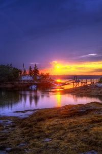 Preview wallpaper decline, lake, coast, stony, bridge, colors, boats, evening