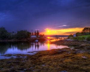 Preview wallpaper decline, lake, coast, stony, bridge, colors, boats, evening