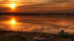 Preview wallpaper decline, river, boats, coast, evening, birds, reflection