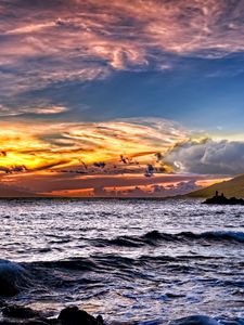 Preview wallpaper decline, sea, waves, sky, clouds, colors, landscape, patterns