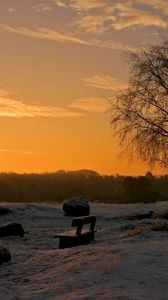 Preview wallpaper decline, sun, horizon, park, benches, birches