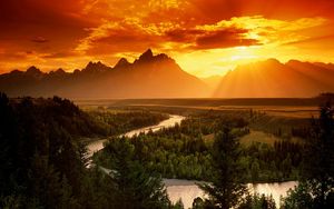 Preview wallpaper decline, sun, light, evening, river, bends, trees, wood, height, orange, silence, serenity, freedom