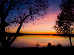 Preview wallpaper decline, trees, outlines, twilight, lake